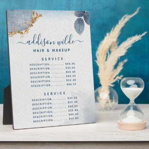 Blue Gold Watercolor Botanical Leaves Price Menu Plaque