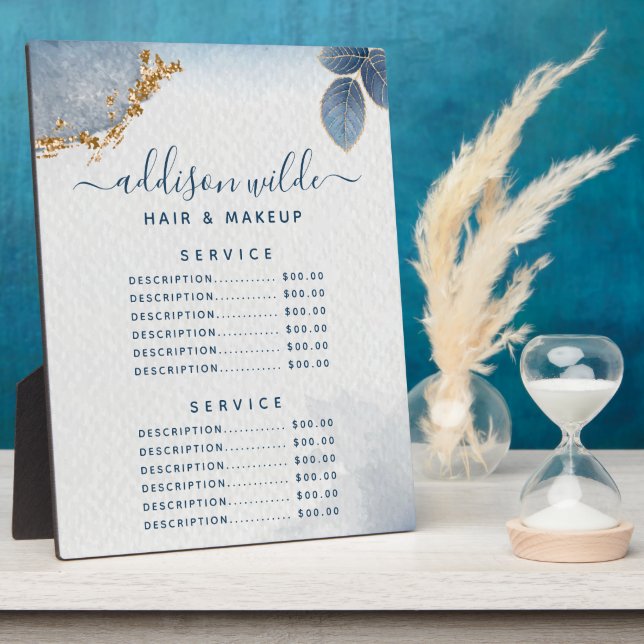 Blue Gold Watercolor Botanical Leaves Price Menu Plaque (Side)