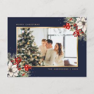 Blue Gold Watercolor Botanical Photo Christmas Holiday Postcard