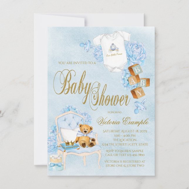 Blue Gold Watercolor Boy Baby Shower Invitation (Front)