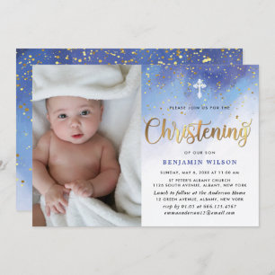 Blue & Gold Watercolor Boy Christening Invitation
