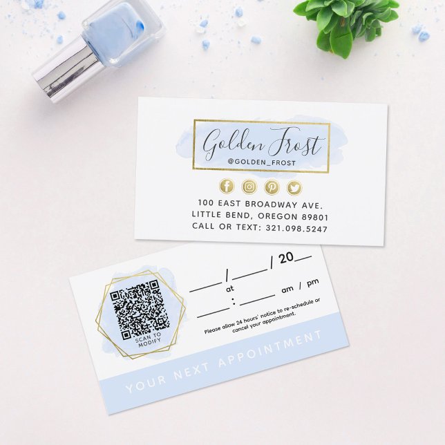 Blue & Gold Watercolor Elegant Salon Appointment  Business Card (Creator Uploaded)
