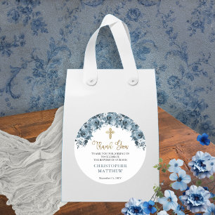 Blue Gold Watercolor Floral Boy Baptism Thank You Classic Round Sticker