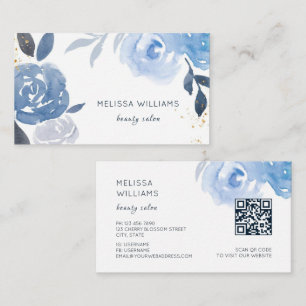 Blue Gold Watercolor Flowers Business Card