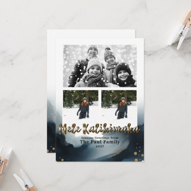 Blue Gold Watercolor Mele Kalikimaka Holiday Photo Invitation (Front/Back In Situ)