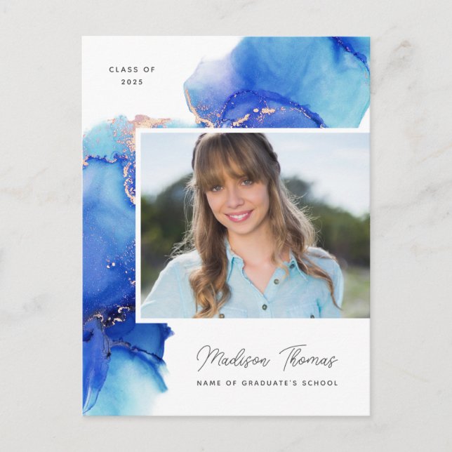 Blue Gold Watercolor Photo Graduation Postcard (Front)