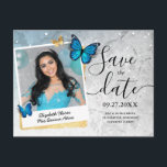 Blue Gold Watercolor Quince Photo Save the Date Announcement Postcard<br><div class="desc">Gold and silver options available on these elegant butterfly blue quinceanera save the date postcards. The rustic watercolor artwork created by Raphaela Wilson, illustrates two large blue monarch butterflies with subtle rose flower wing designs, combined with gold butterfly confetti. A rustic, vintage grey stone texture creates the backdrop that is...</div>