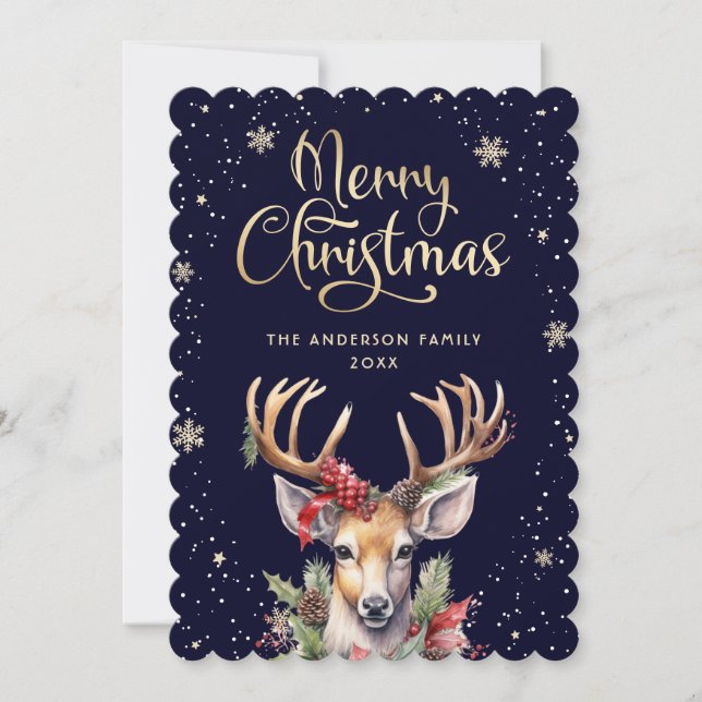 Blue Gold Watercolor Reindeer Christmas Card (Front)
