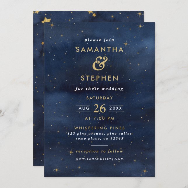 Blue & Gold Watercolor Starry Night Sky Wedding Invitation (Front/Back)
