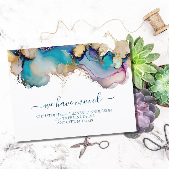 Blue Gold Watercolor Wash Splash Abstract Moving  Announcement Postcard (Creator Uploaded)