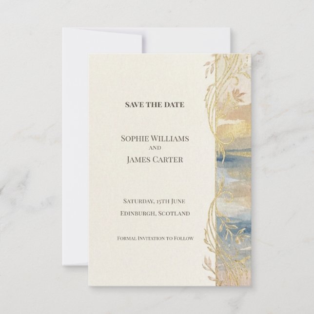 Blue Gold Watercolour Save The Date Card (Front)