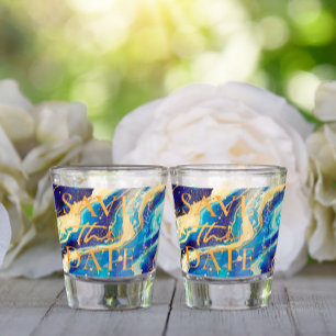 Blue Gold Wedding Beach Funny Save the Date Shot Glass