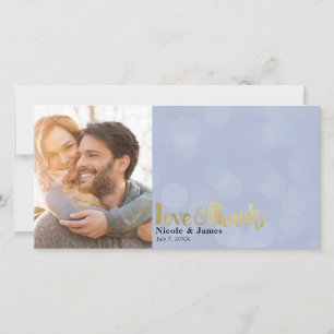 Blue & Gold Wedding Photo Love & Thanks Thank You Card