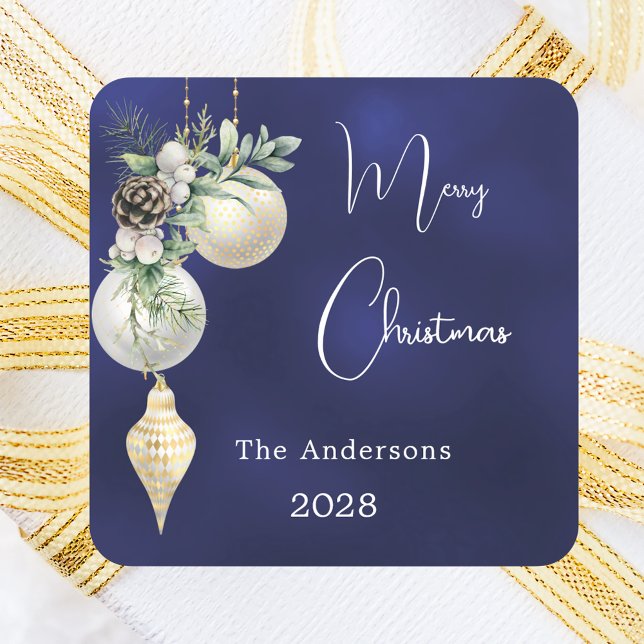 Blue gold white baubles Christmas Square Sticker (Creator Uploaded)