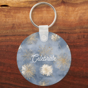 Blue Gold White Fireworks Celebrate Key Ring