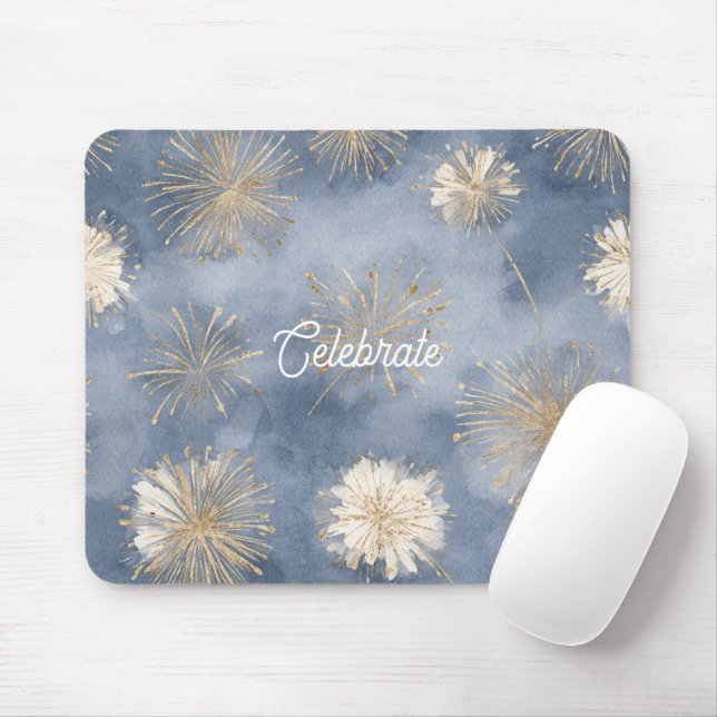 Blue Gold White Fireworks Celebrate Mouse Pad (With Mouse)