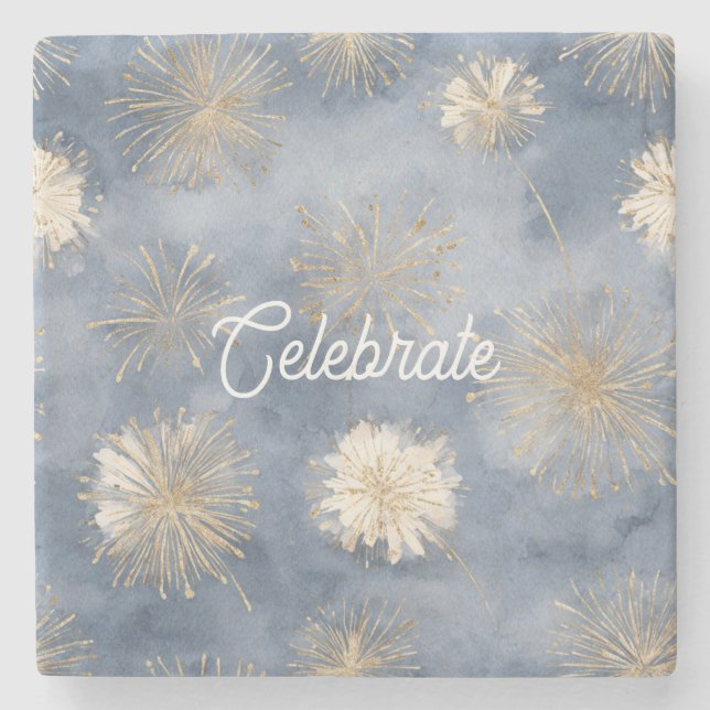 Blue Gold White Fireworks Celebrate Stone Coaster (Front)