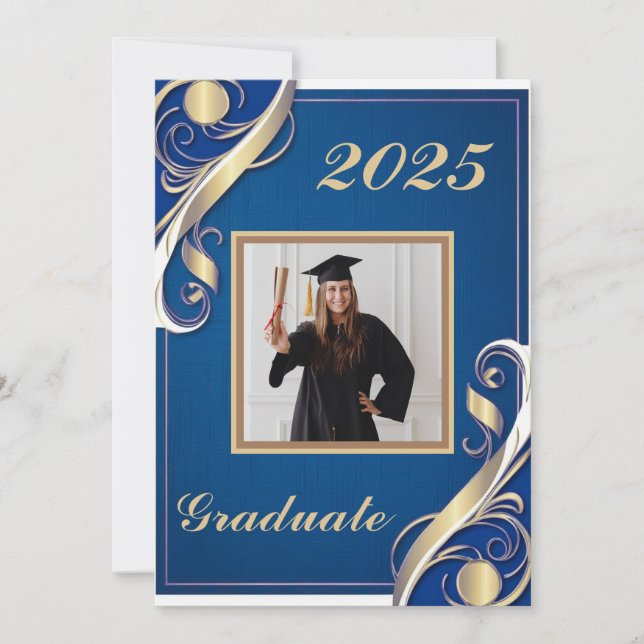 Blue Gold White Graduation Invitation (Front)