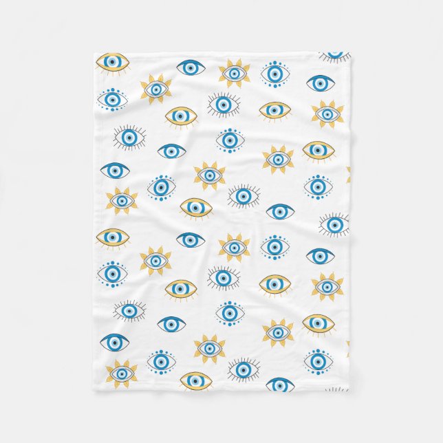 Blue, Gold & White Greek Eye Mati Pattern Fleece Blanket (Front)