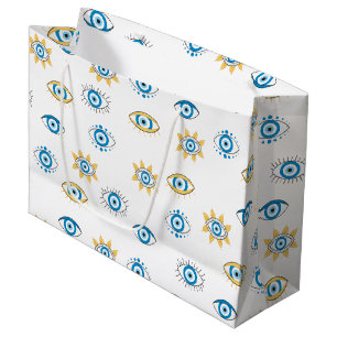 Blue, Gold & White Greek Eye Mati Pattern Large Gift Bag