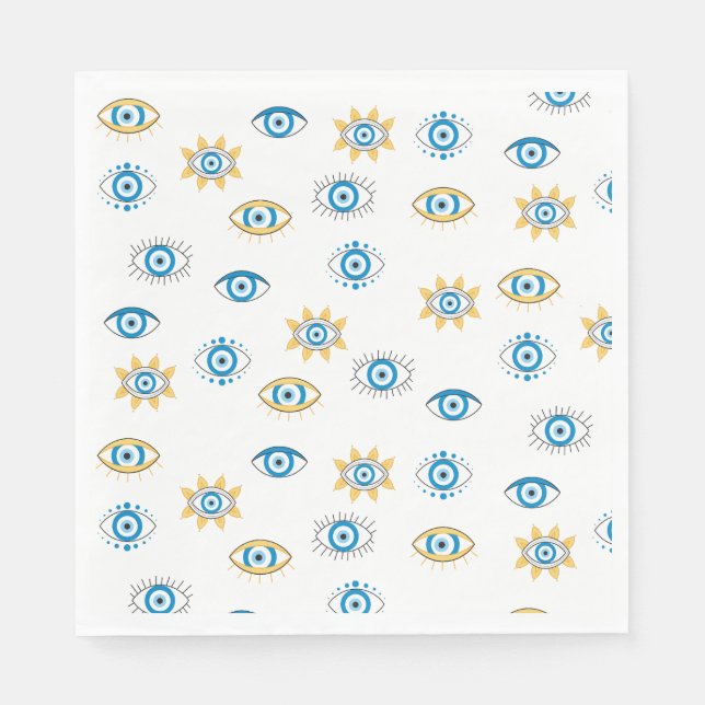 Blue, Gold & White Greek Eye Mati Pattern Napkin (Front)