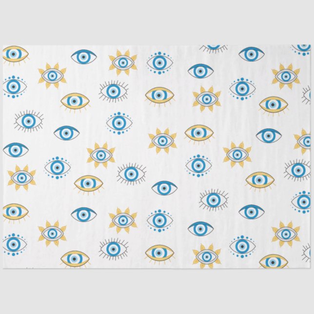 Blue, Gold & White Greek Eye Mati Pattern Tissue Paper (Front)