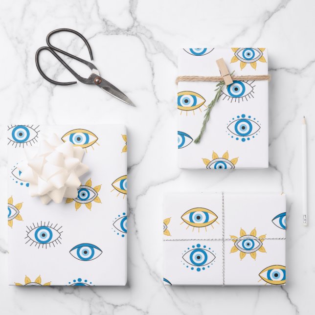 Blue, Gold & White Greek Eye Mati Pattern Wrapping Paper Sheet (Front)