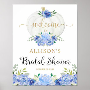 Blue gold white pumpkin bridal shower welcome sign