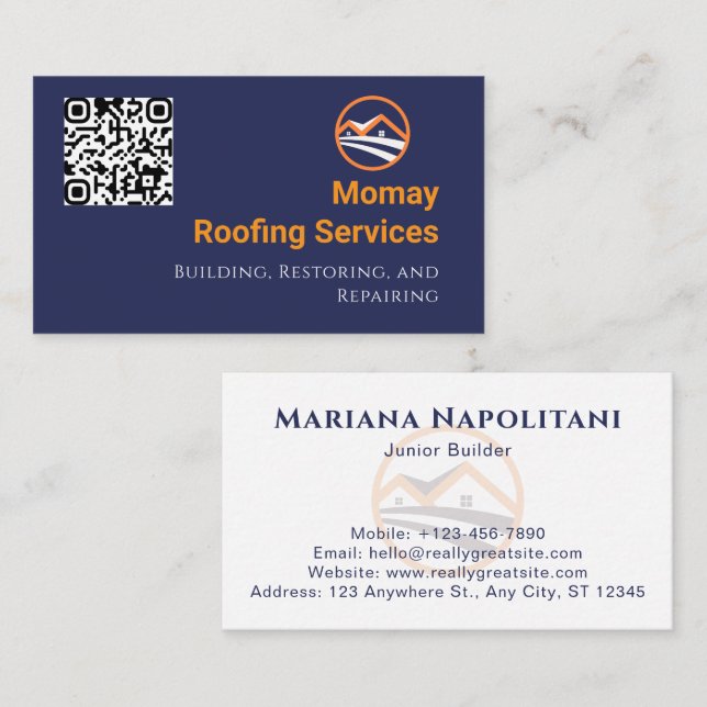 Blue Gold White Roofing Contractor QR Code Business Card (Front/Back)