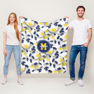 blue gold white soccer balls boys girls sporty fleece blanket