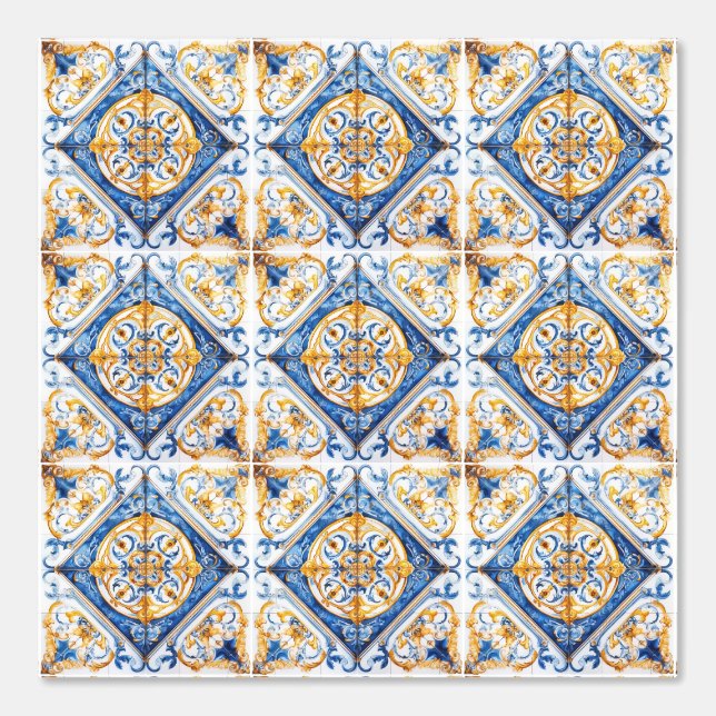 Blue Gold & White Talavera Azulejo Look Tile  Wallpaper (Front)