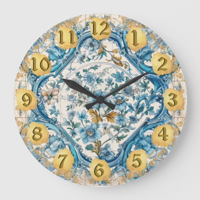 Blue Gold white Talavera Azulejo look Wall Clock (Front)