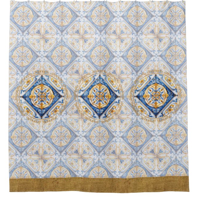 Blue Gold White Vietri Talavera Azulejo lookTile Shower Curtain (Front)