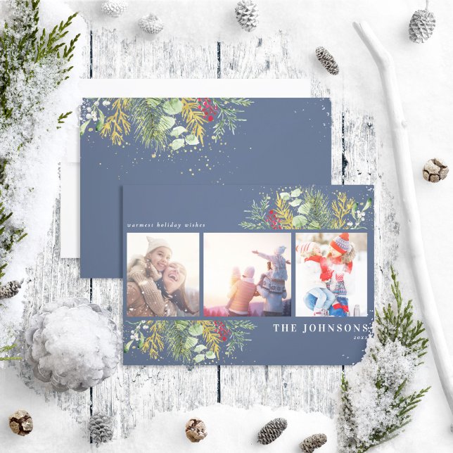 Blue Gold Winter Botanical Greenery Berries Photo Holiday Card (Creator Uploaded)