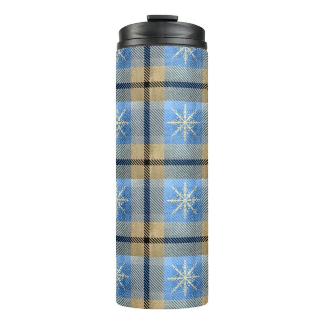 BLUE & GOLD WINTER SNOWFLAKE PLAID PATTERNS THERMAL TUMBLER (Front)
