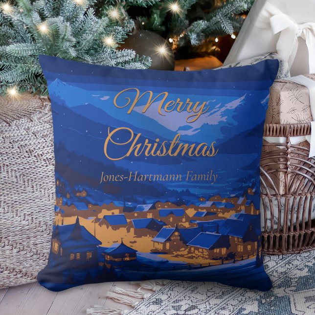 Blue Gold Winter Village Family Christmas  Cushion (Creator Uploaded)