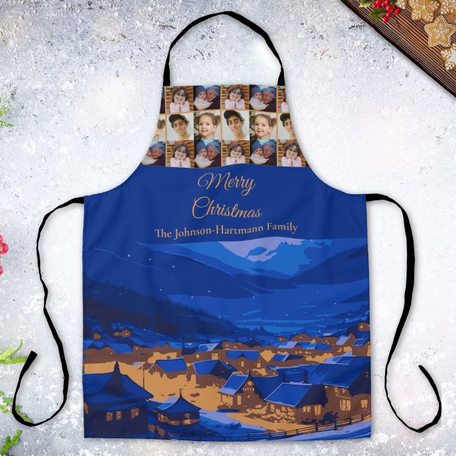 Blue Gold Winter Village Family Christmas Photo Apron (Creator Uploaded)