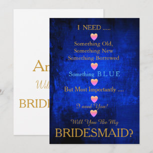 Blue & Gold with Heart Will You Be my Bridesmaid I Invitation