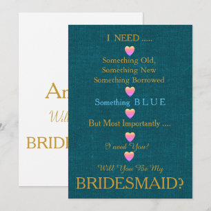 Blue & Gold with Heart Will You Be my Bridesmaid I Invitation