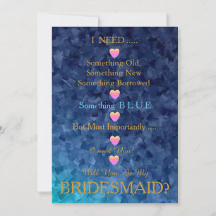 Blue & Gold with Heart Will You Be my Bridesmaid Invitation