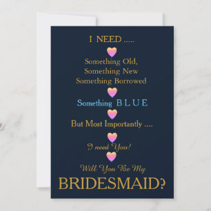 Blue & Gold with Heart Will You Be my Bridesmaid Invitation
