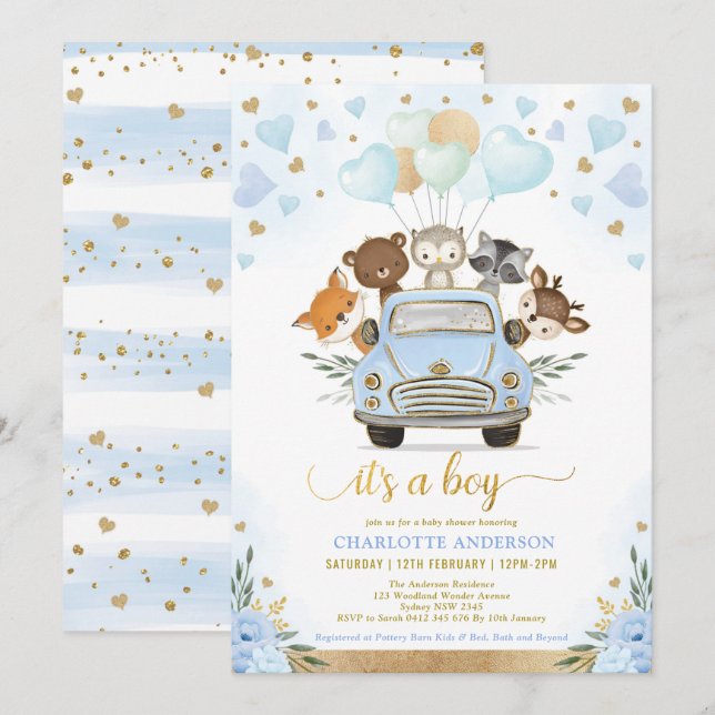 Blue Gold Woodland Sweetheart Baby Boy Shower Invitation (Front/Back)