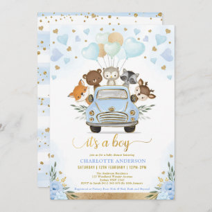 Blue Gold Woodland Sweetheart Baby Boy Shower Invitation