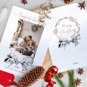 Blue Gold Wreath Couple Family One Photo Christmas Holiday Card