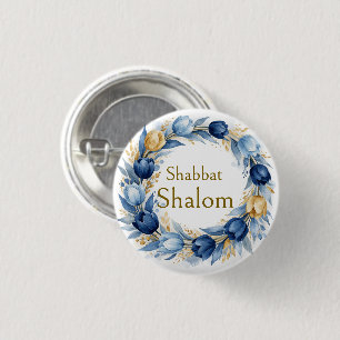 Blue Gold Wreath, Shabbat Shalom Watercolor Glam 3 Cm Round Badge