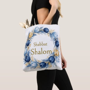Blue Gold Wreath, Shabbat Shalom Watercolor Glam Tote Bag