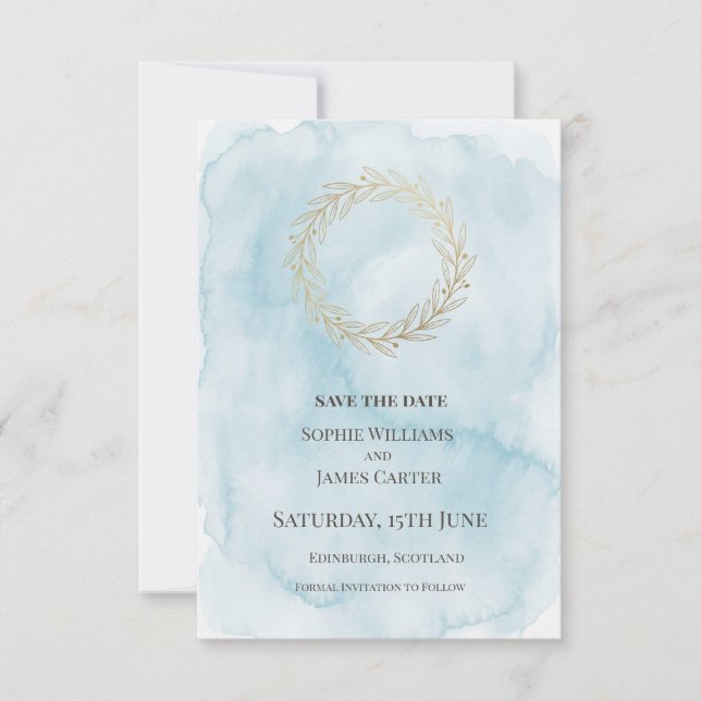 Blue Gold Wreath Wedding Save The Date (Front)