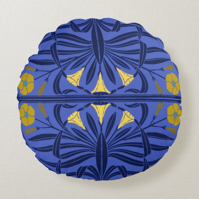 Blue & Golden Art Nouveau Round Pillow (Front)