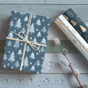 Blue Golden Christmas Tree Holiday  Wrapping Paper Sheet