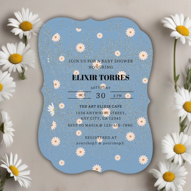 Blue Golden Daisy Glitter Glow Baby Shower Invitation (Creator Uploaded)